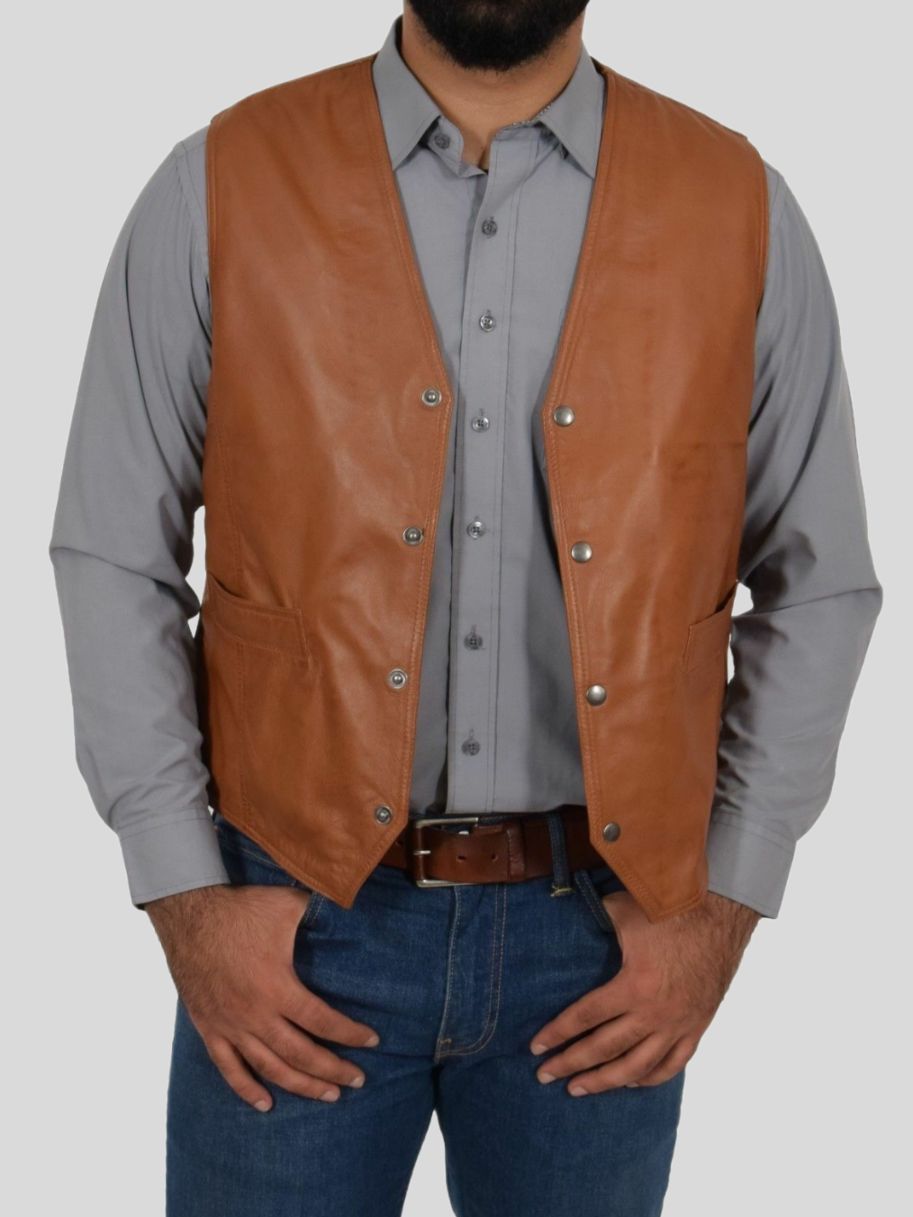 Men’s Tan Leather Vest: Drury