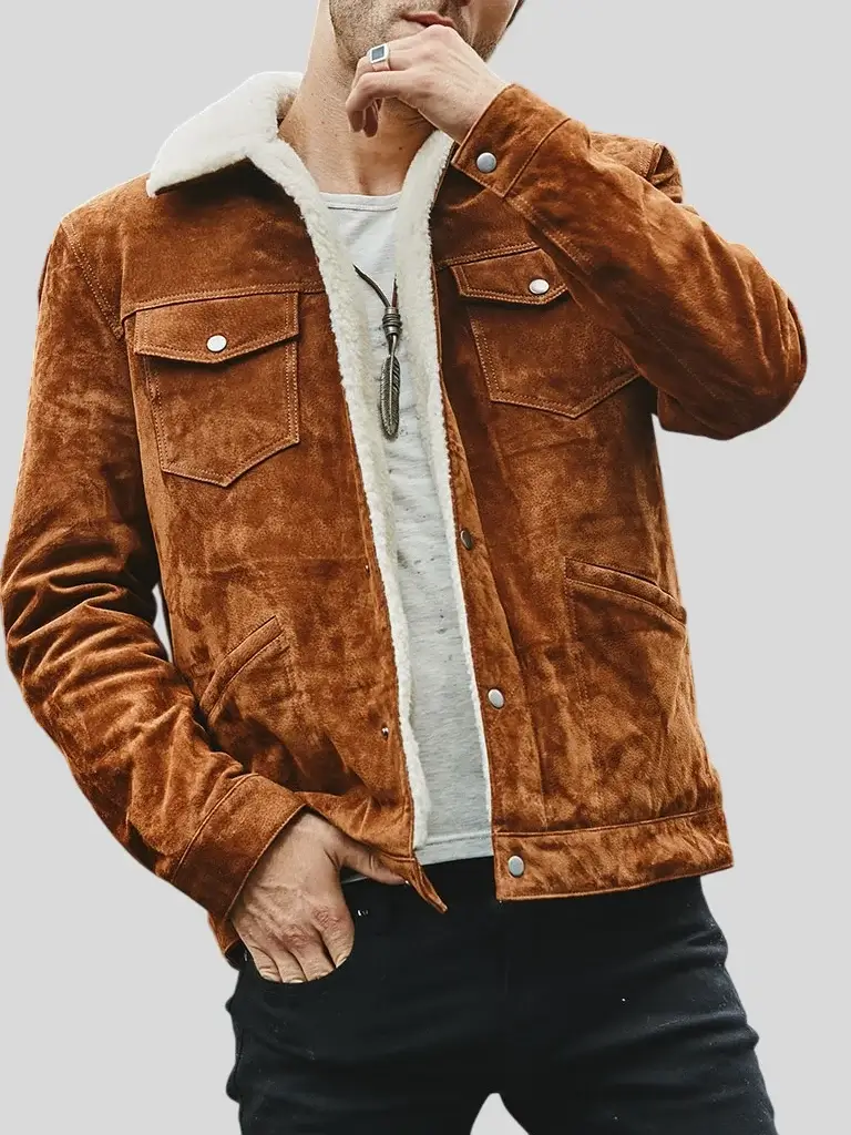 Men’s Trucker Tan Suede Leather Jacket: Riwaka