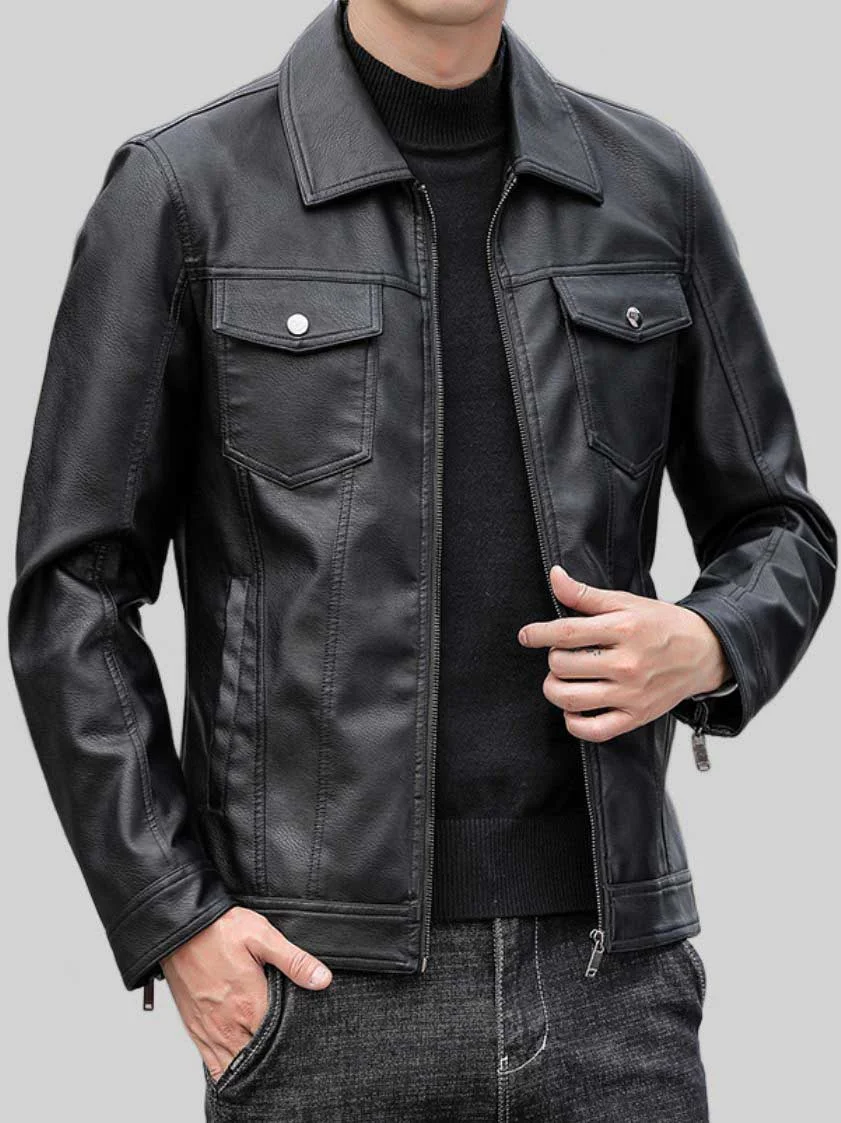 Mens Shirt Style Black Leather Jacket: Rotorua