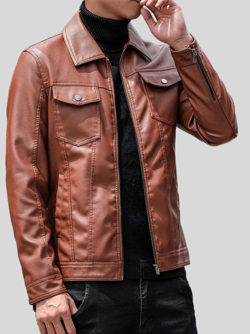 Men’s Shirt Collar Leather Jacket in Tan: Invercargill
