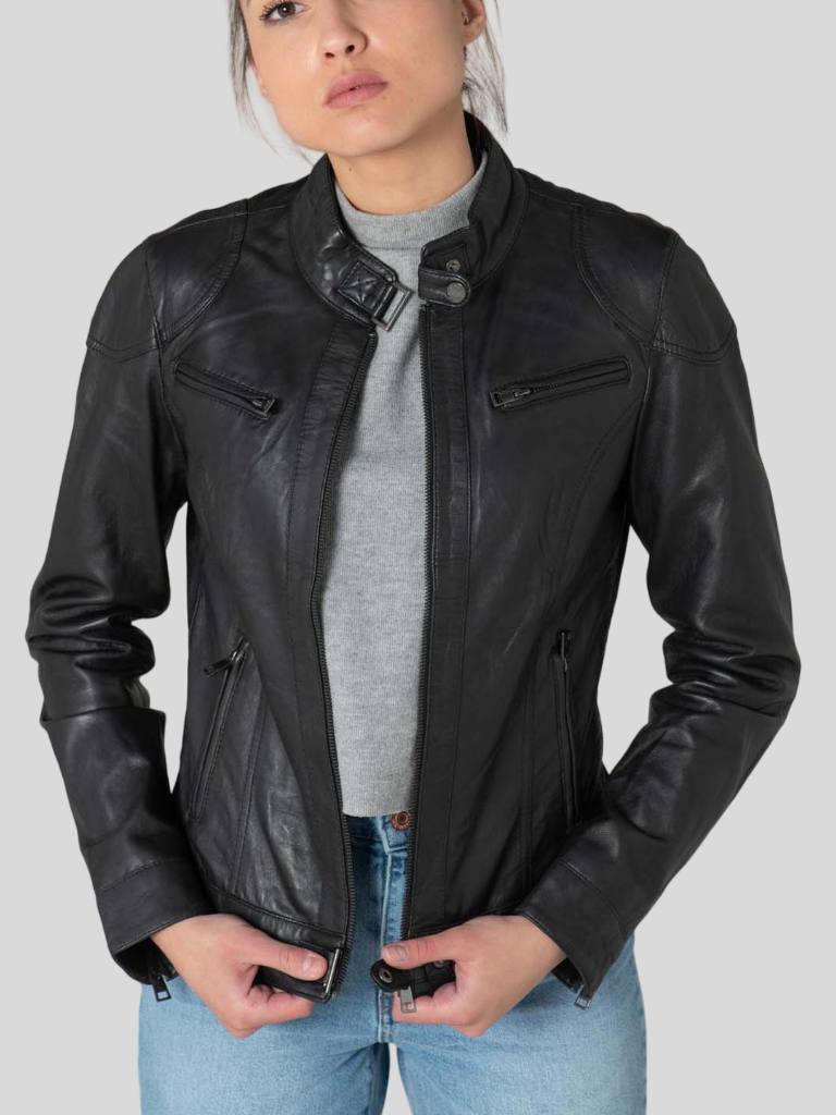 Women’s Black Biker Leather Jacket: Milton