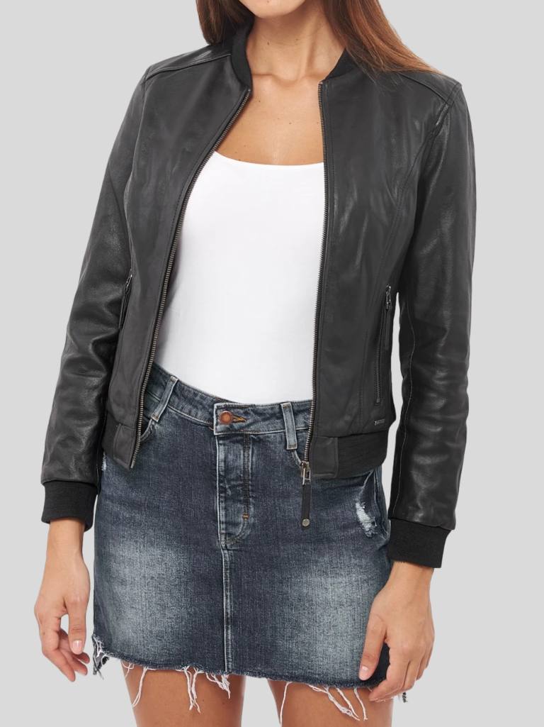 Women’s Black Bomber Leather Jacket: Winton