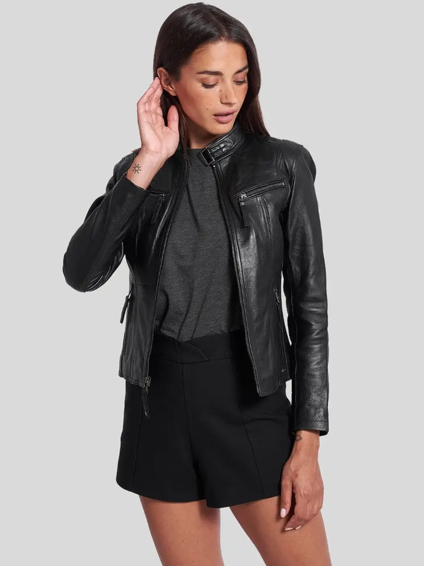 Women’s Black Café Racer Leather Jacket: Granity