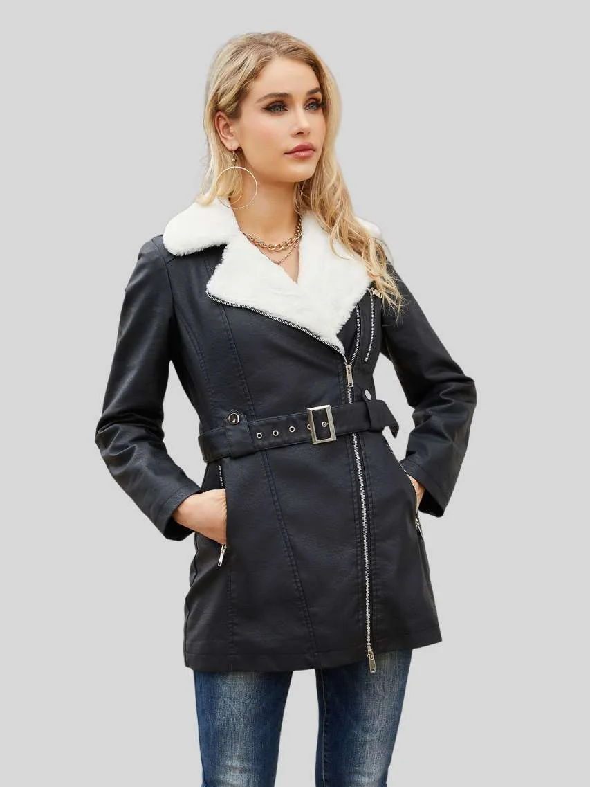 Women’s Black Faux Fur Leather Coat: Auckland