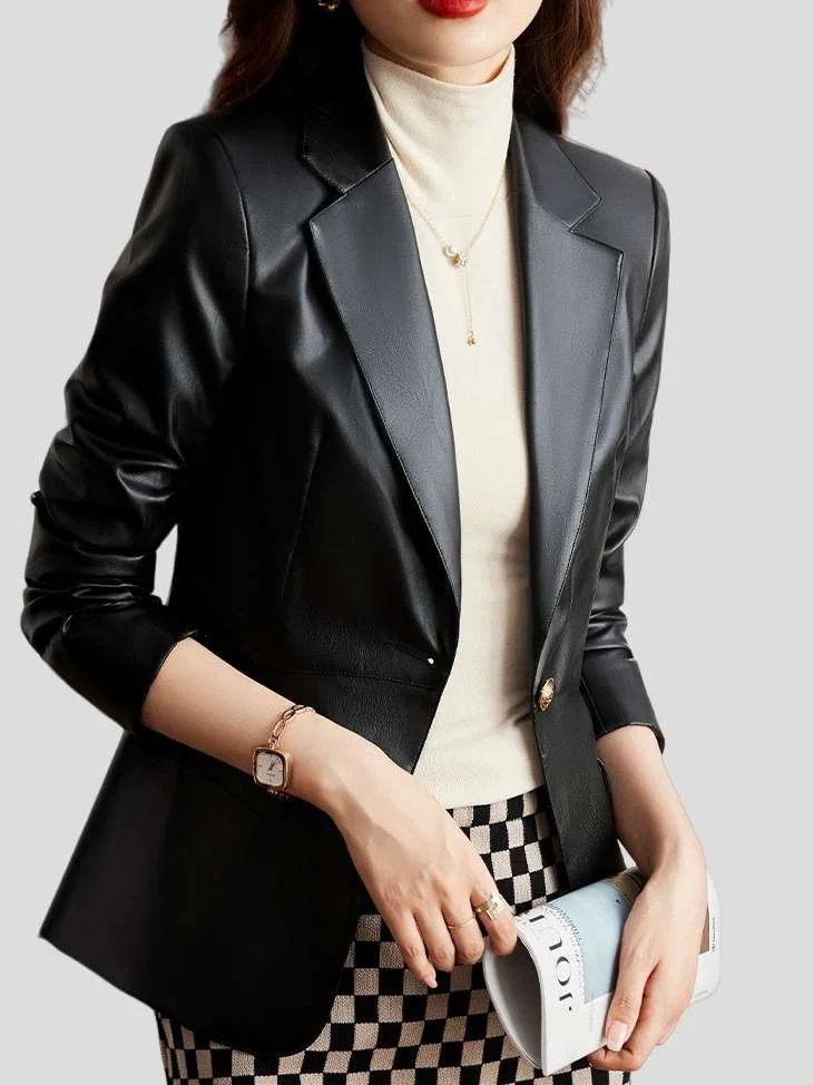 Women’s Black Single Button Leather Blazer: Bluff