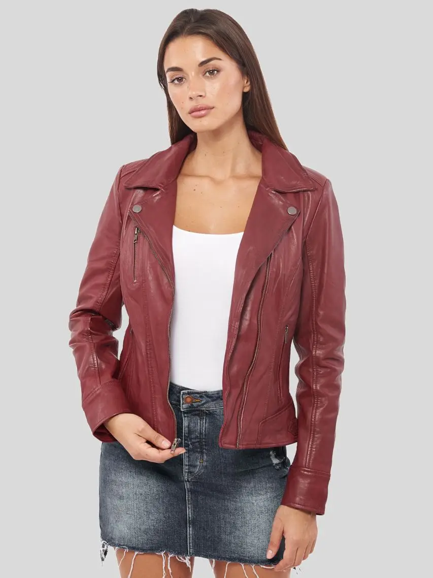 Women’s Dark Red Biker Leather Jacket: Greymouth