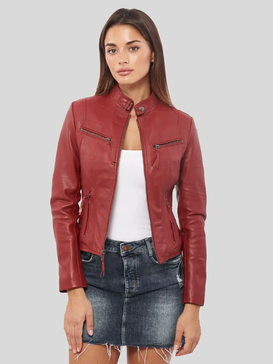 Women’s Dark Red Biker Leather Jacket: Hastings