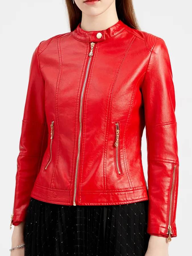 Women’s Red Café Racer Leather Jacket: Flaxmere