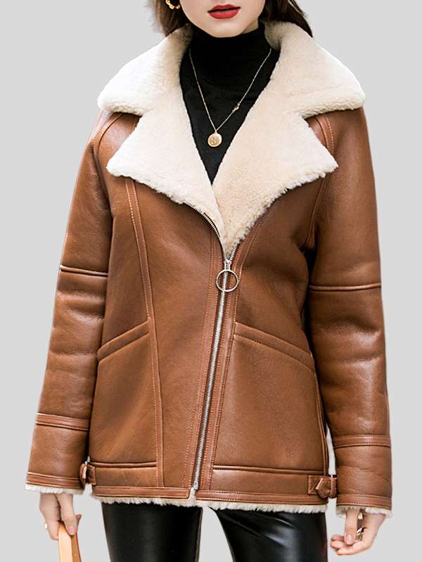 Women’s Tan Aviator Leather Jacket: Beaumont