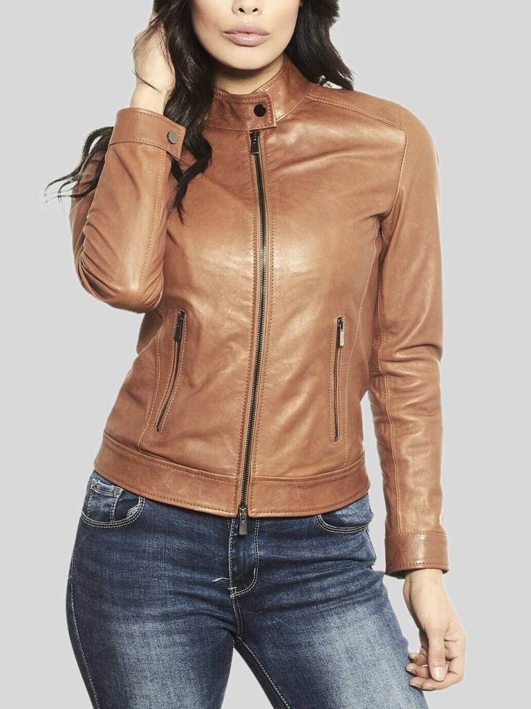 Women’s Tan Biker Leather Jacket: Walton