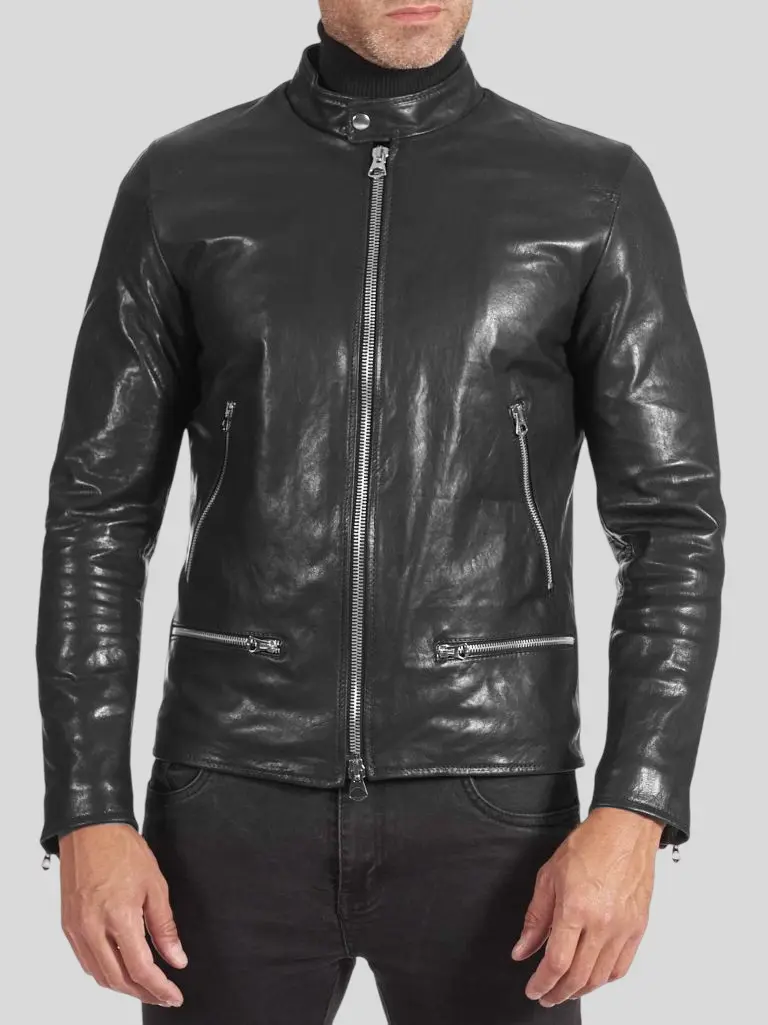 Men's Black Cafe Racer Leather Jacket: Christchurch