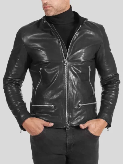 Men's Black Cafe Racer Leather Jacket: Christchurch - Image 4