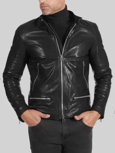 Men's Black Cafe Racer Leather Jacket: Christchurch - Image 2