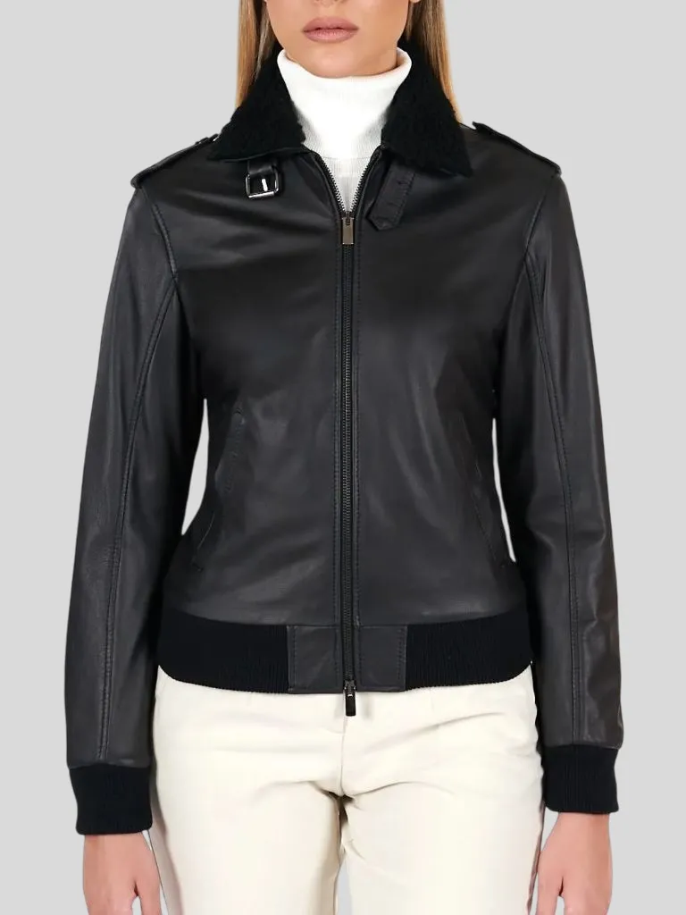 Women’s Aviator Black Leather Jacket Jacket: Helensville
